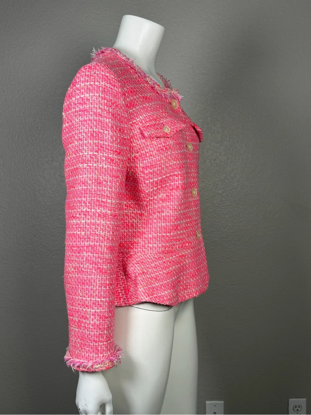 J.Crew Pink Tweed Lady Jacket Peplum Fringe Braided Trim Blazer Size 8